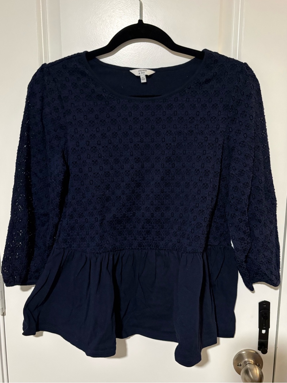 Crown & Ivy Navy Eyelet Peplum Top